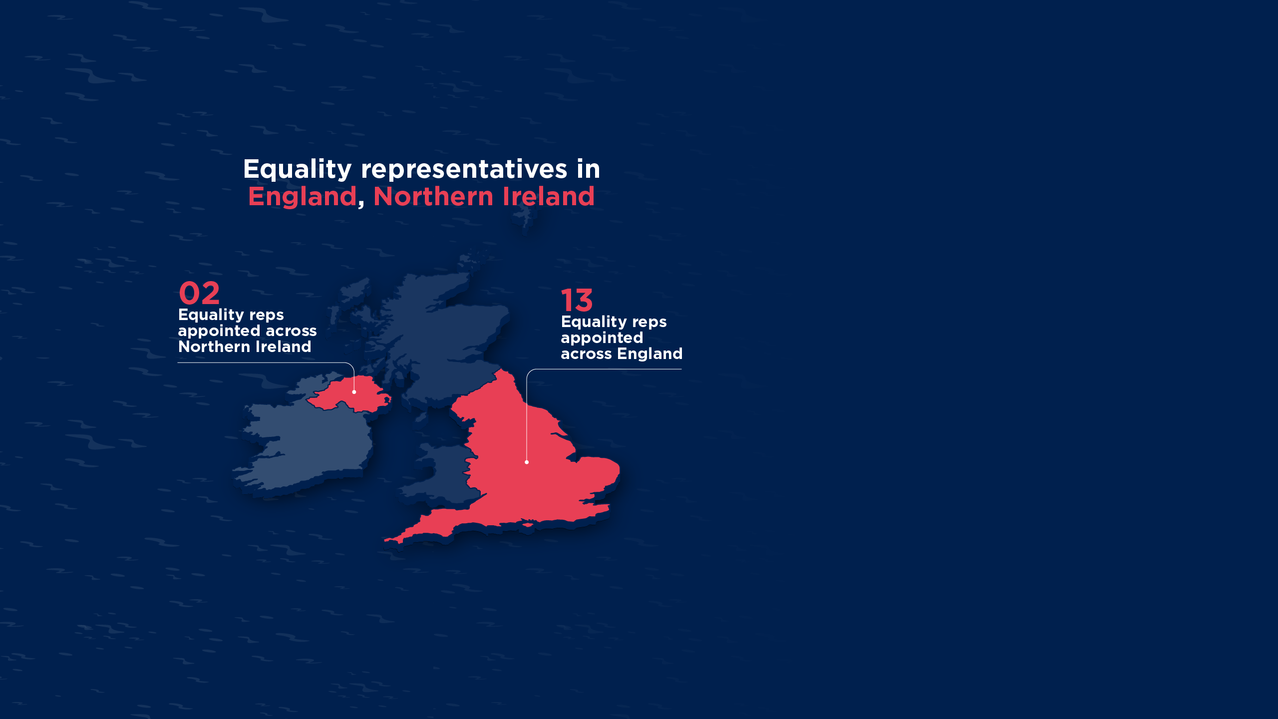 3D illustrated map of the British Isles showing each country and the number of equality representatives based there
