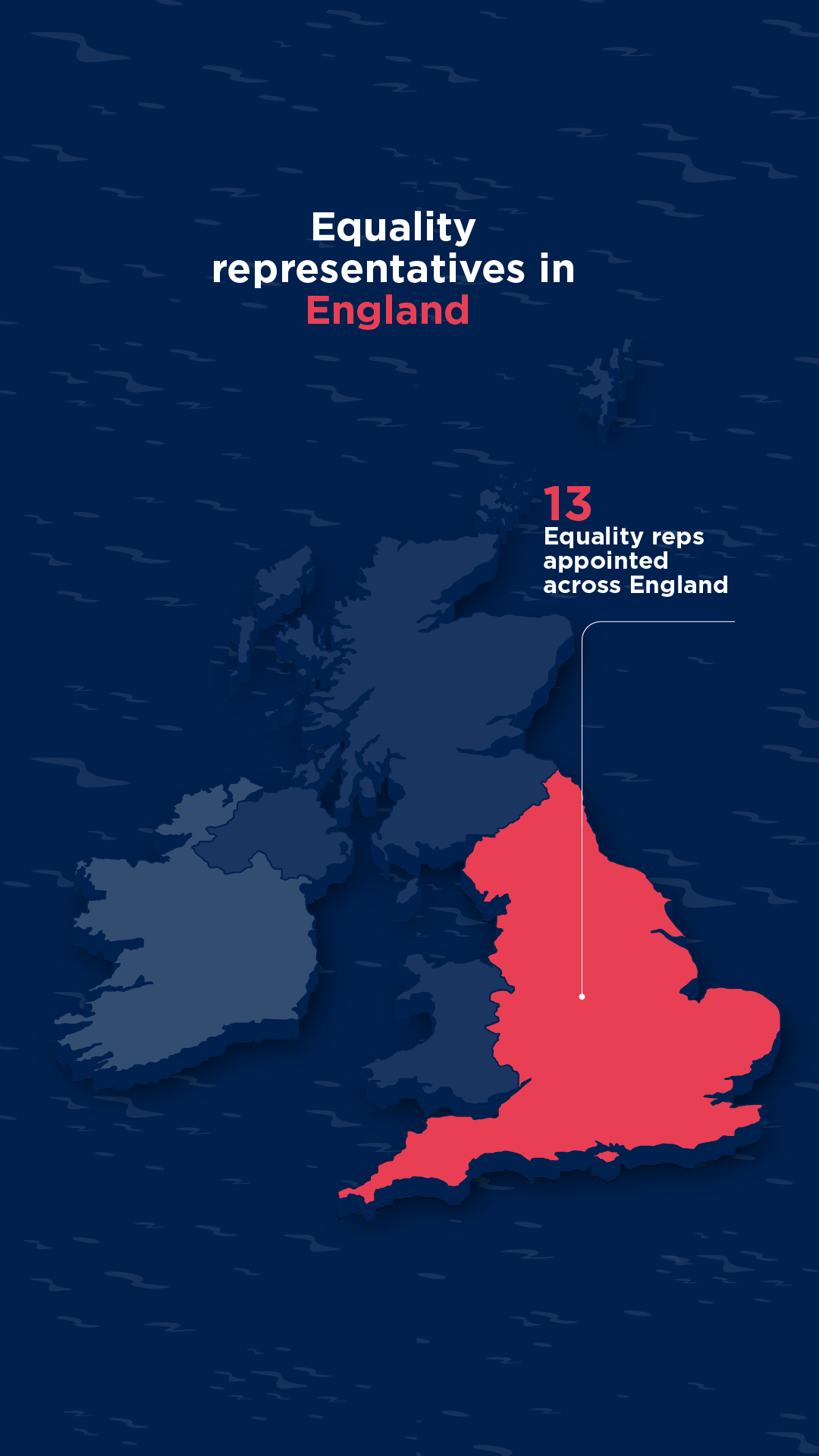 3D illustrated map of the British Isles showing each country and the number of equality representatives based there