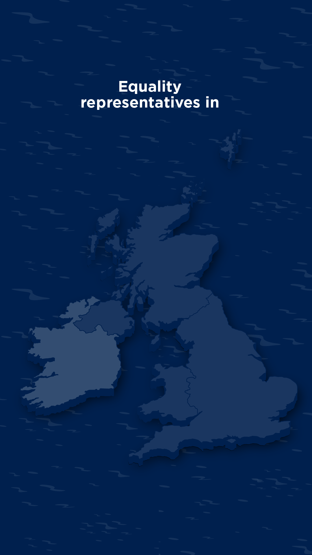 3D illustrated map of the British Isles showing each country and the number of equality representatives based there