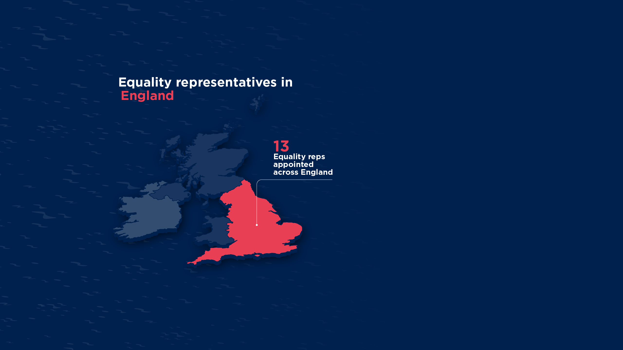 3D illustrated map of the British Isles showing each country and the number of equality representatives based there