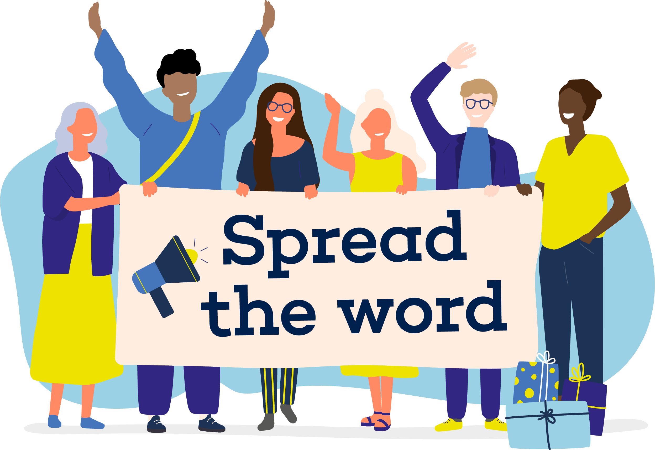 Diverse group of people holding a banner that reads 'Spread the Word'.