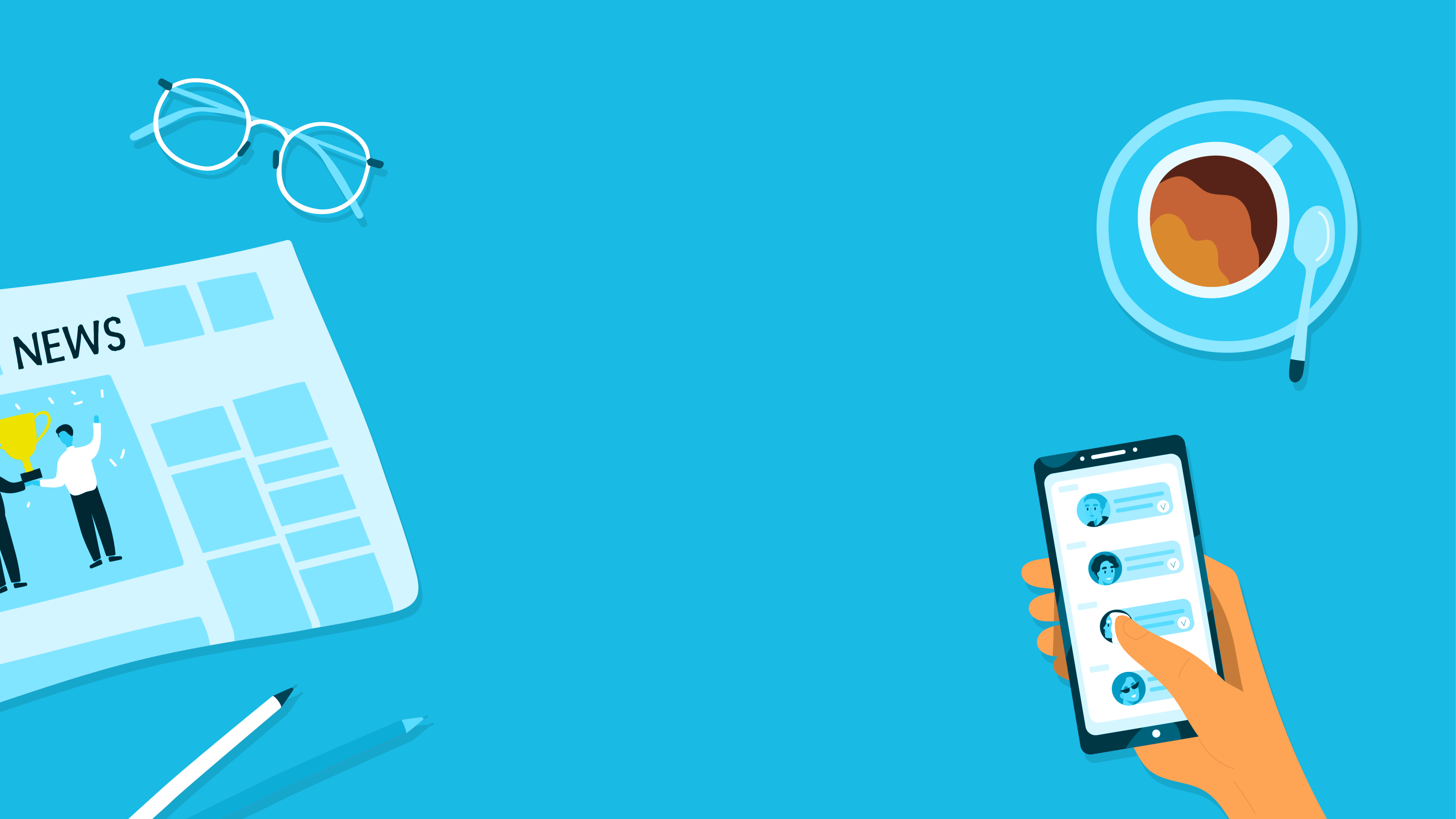 Illustration of a desk with reading glasses, a newspaper, a cup of coffee, and a smartphone.