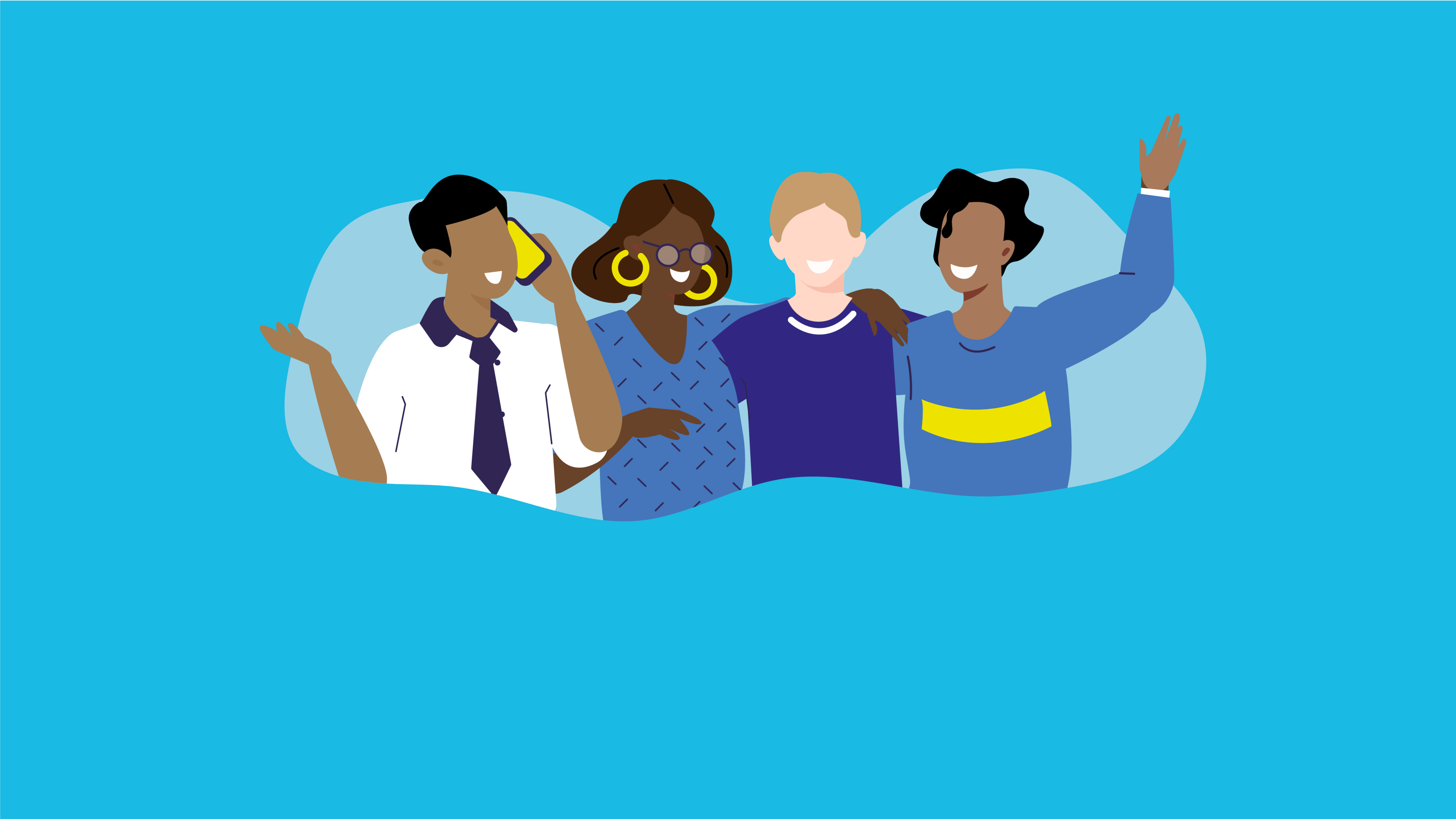 Illustration of a diverse group of people standing in a row, representing various ages, ethnicities, and genders