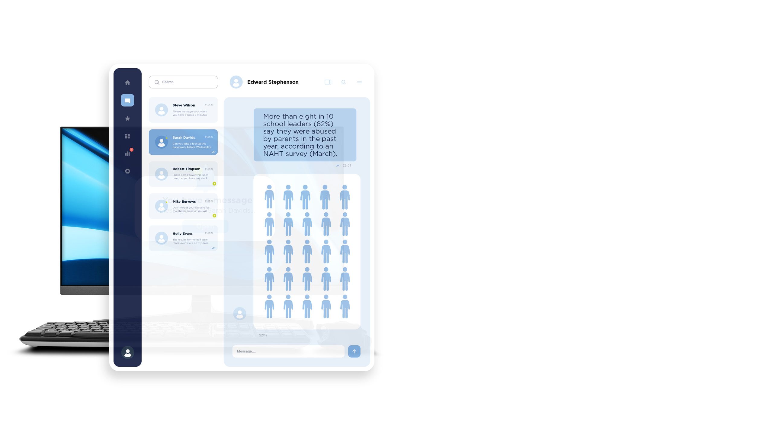 Desktop computer displaying online messages with infographic