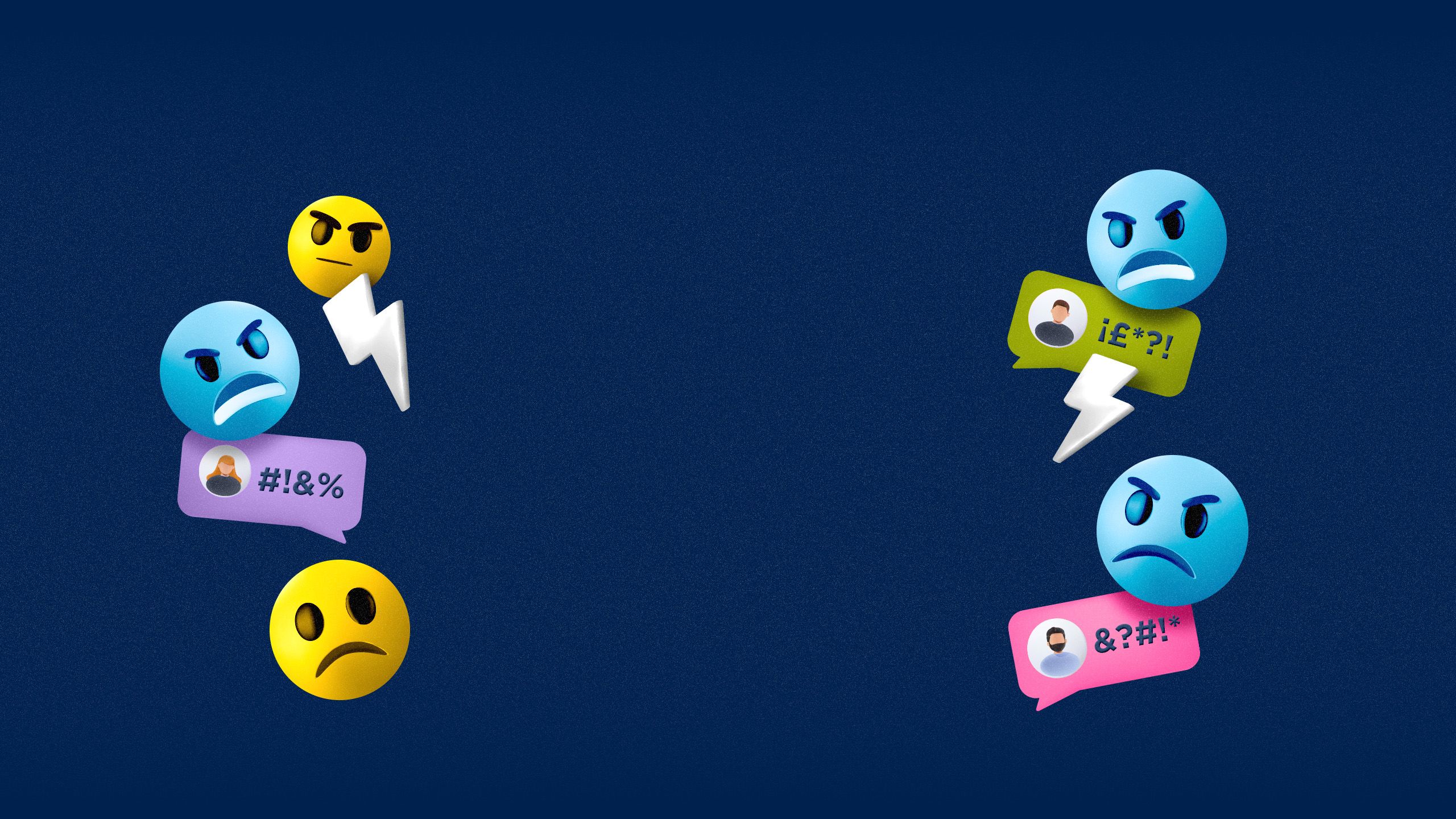 Emoji-style sad and angry emoji faces shown with abusive message symbols to represent online abuse.