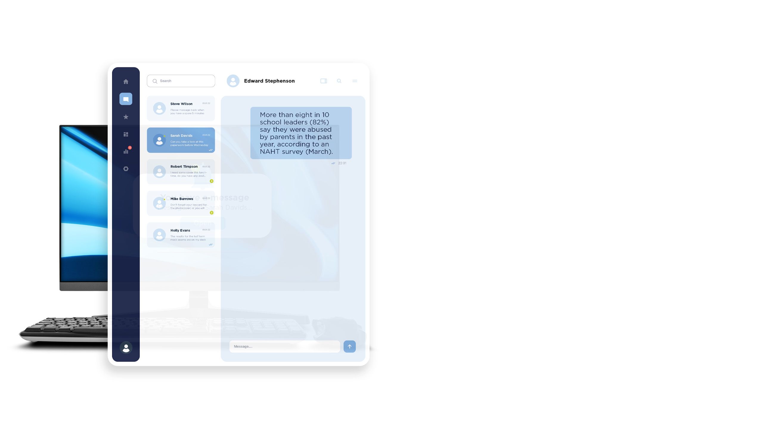 Desktop computer displaying online messages