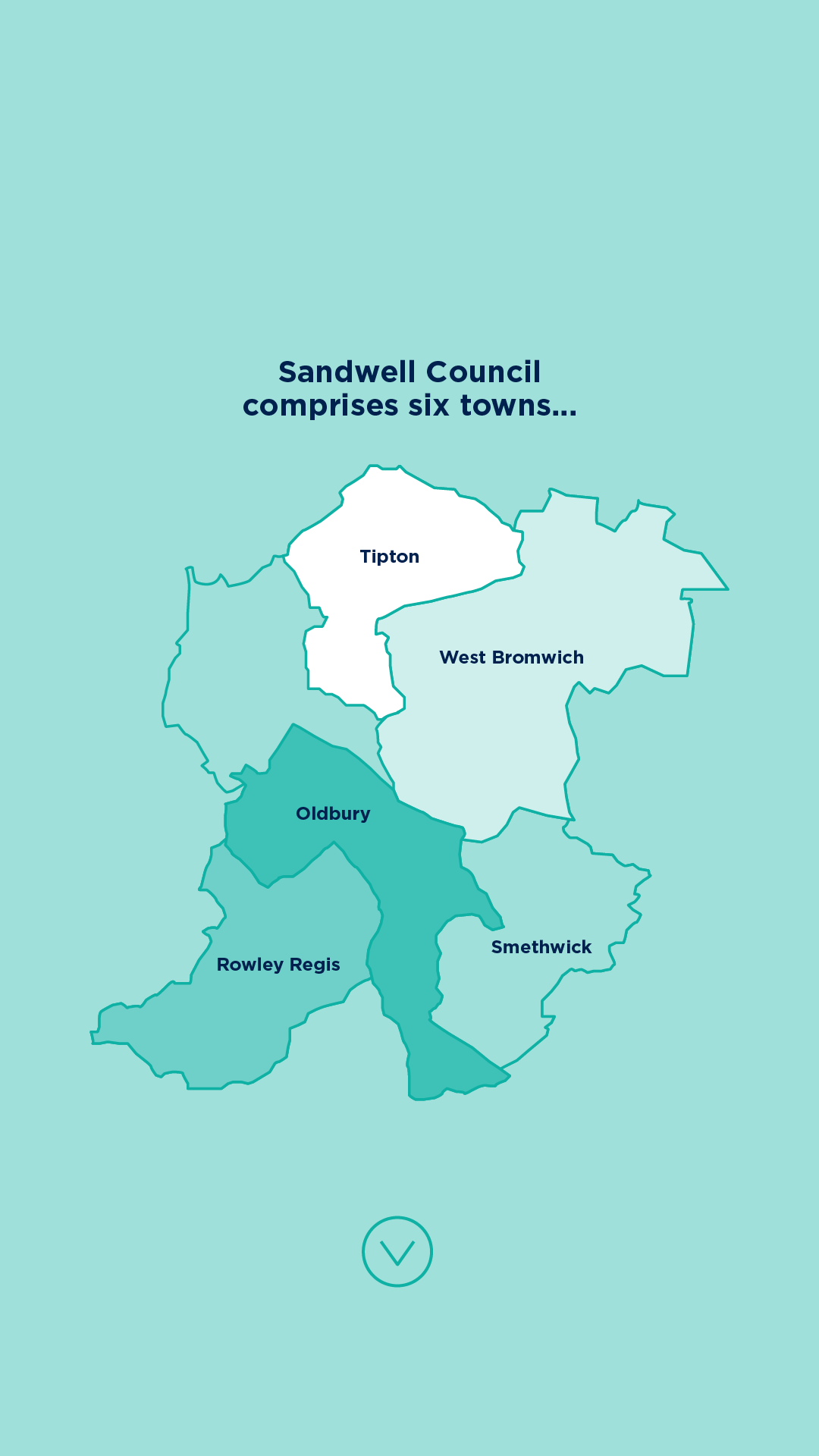 Illustrated map of the Sandwell council area highlighting its six towns.