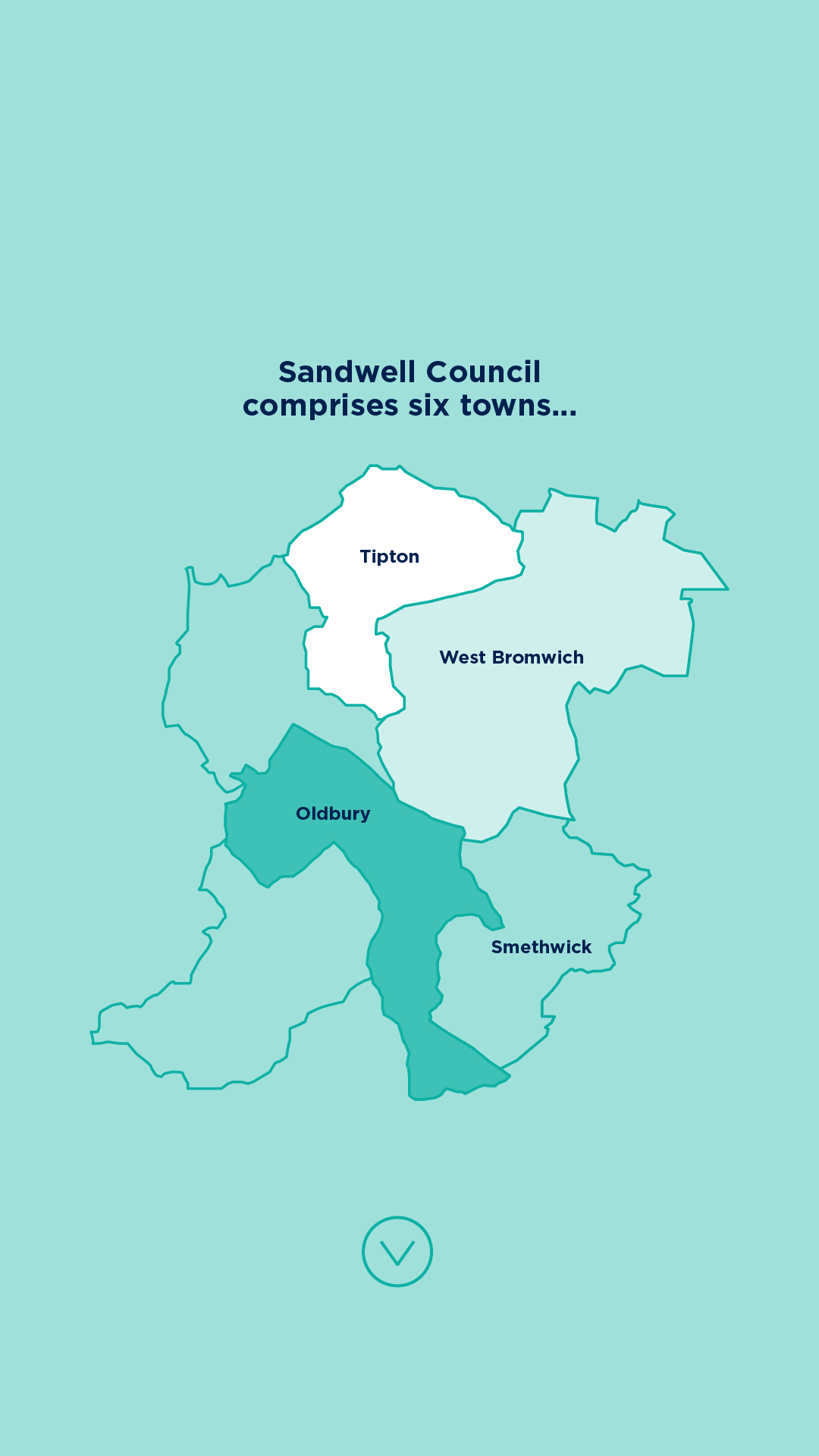 Illustrated map of the Sandwell council area highlighting its six towns.