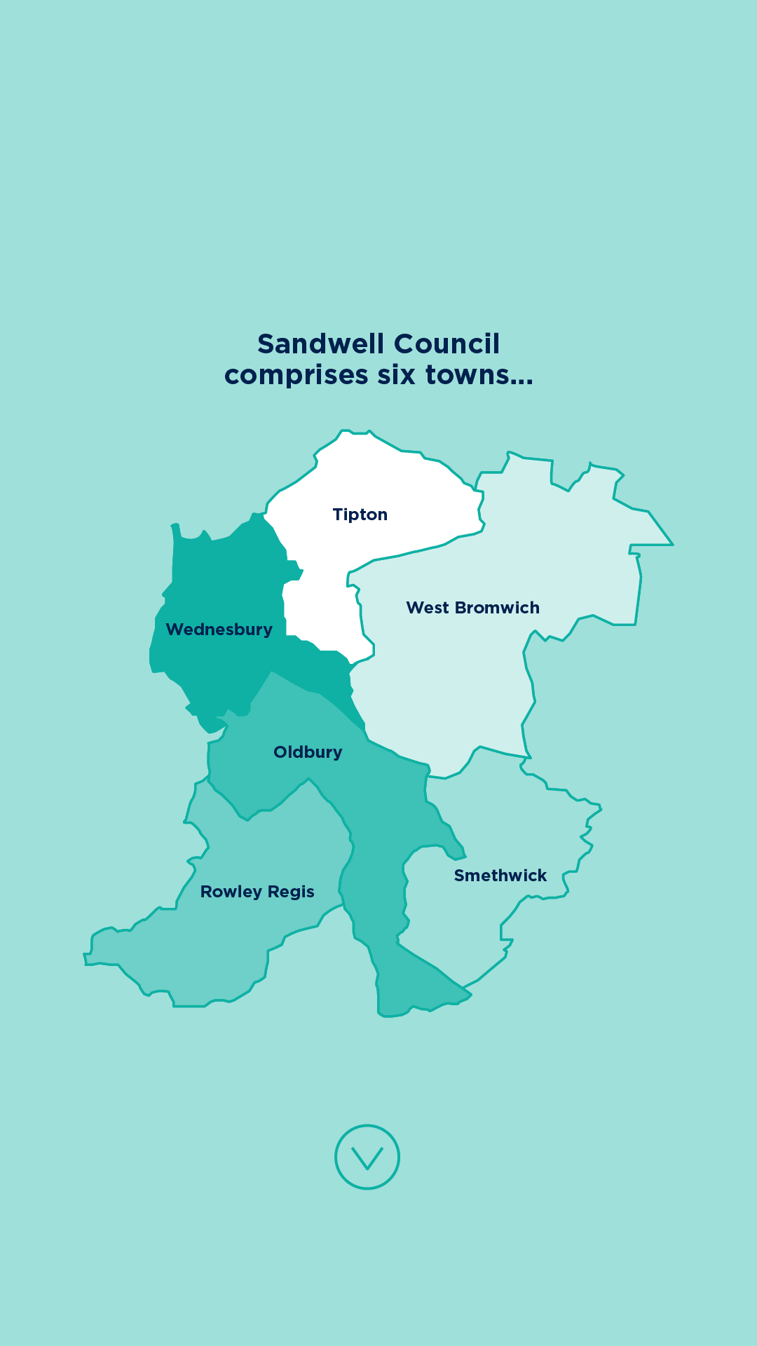 Illustrated map of the Sandwell council area highlighting its six towns.