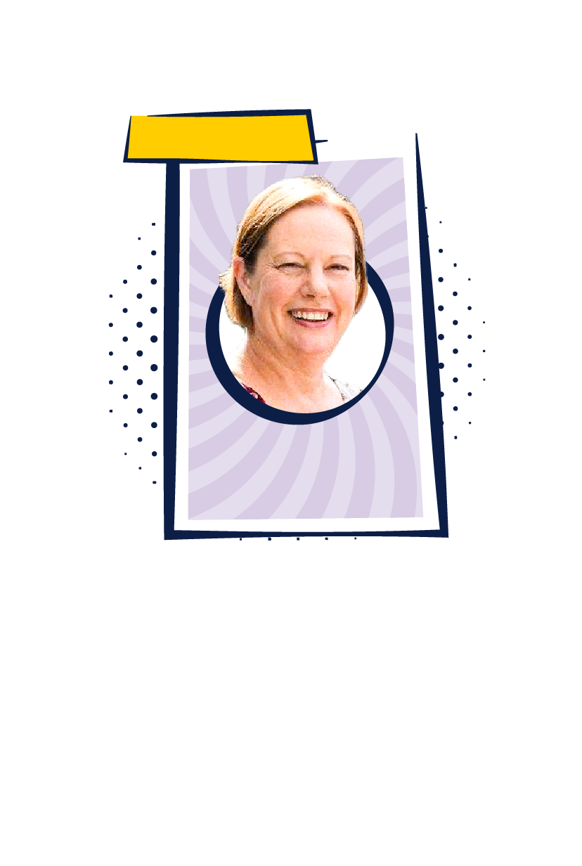 Headshot of Jan Hatchell styled like a superhero trading card, with bold colors and graphic elements.