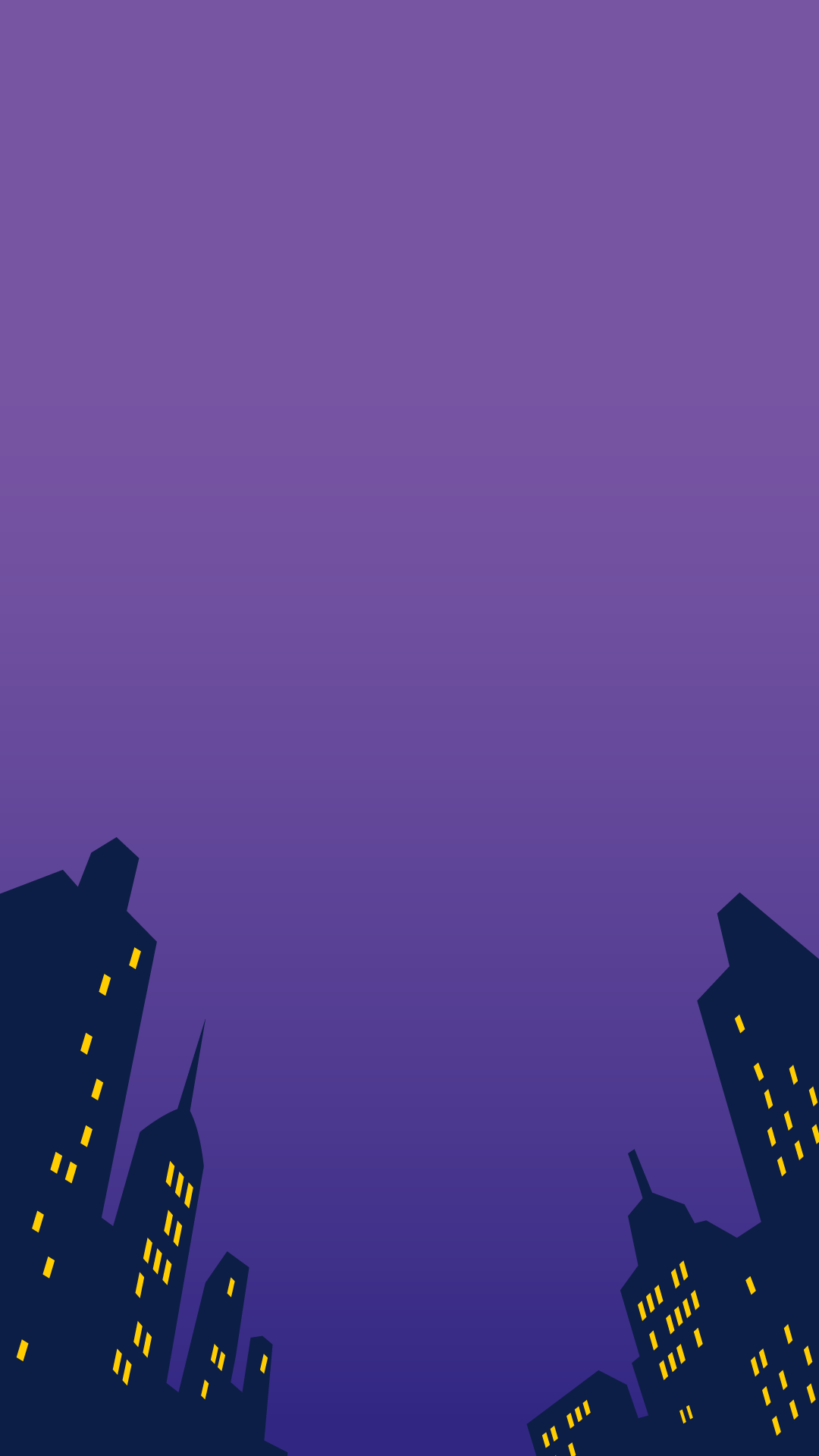 Comic-style illustration of a nighttime cityscape with silhouetted skyscrapers against a dark sky.