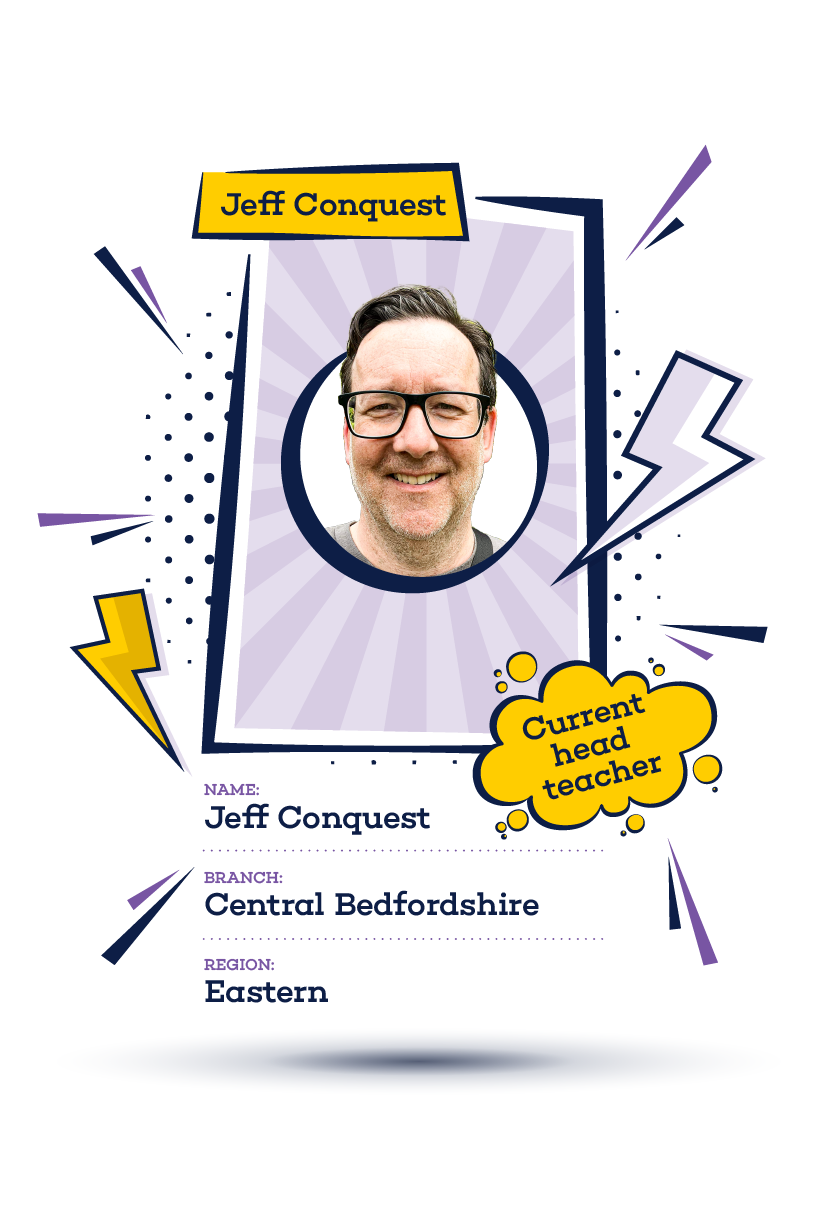 Headshot of Jeff Conquest styled like a superhero trading card, with bold colors and graphic elements.