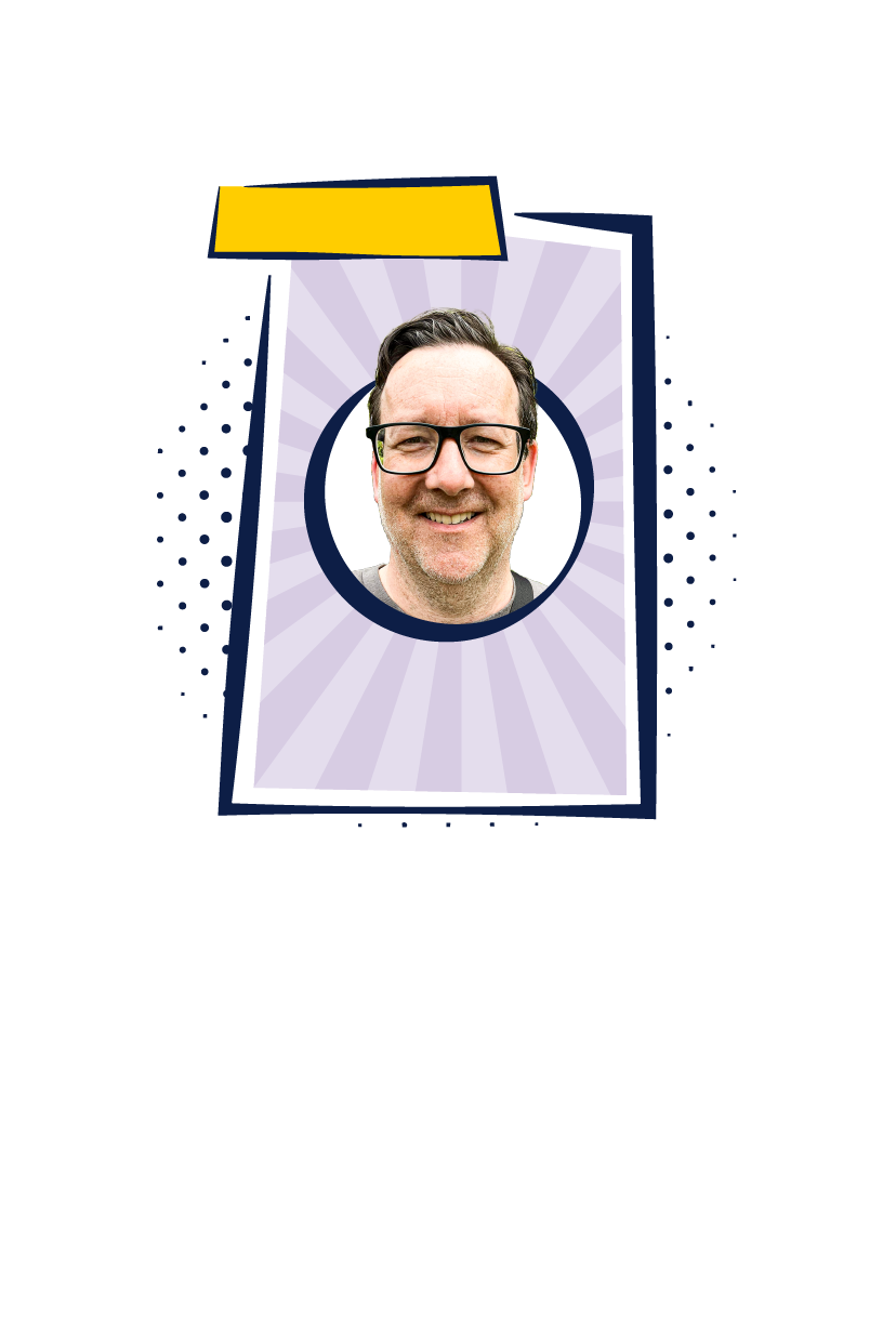 Headshot of Jeff Conquest styled like a superhero trading card, with bold colors and graphic elements.