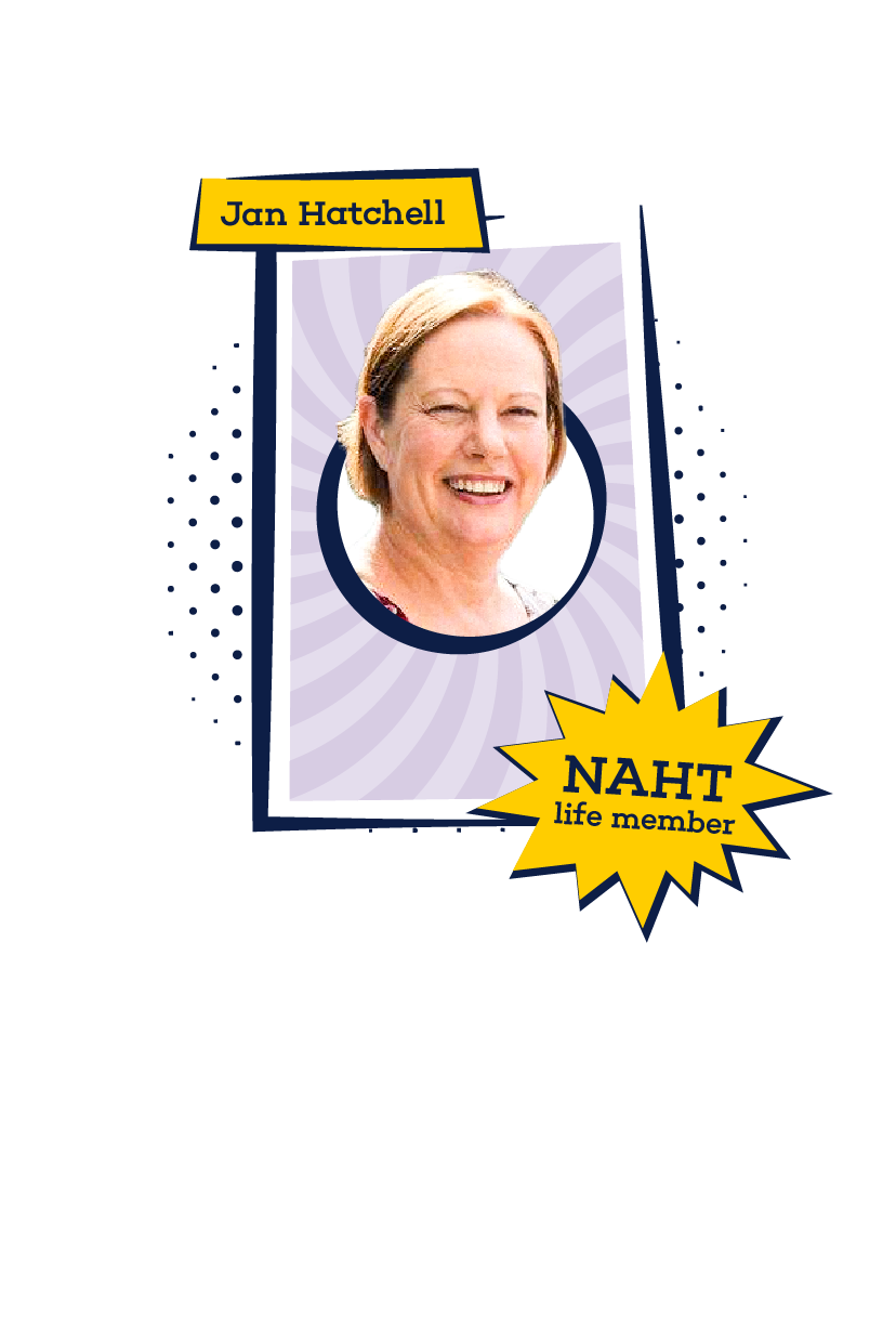 Headshot of Jan Hatchell styled like a superhero trading card, with bold colors and graphic elements.