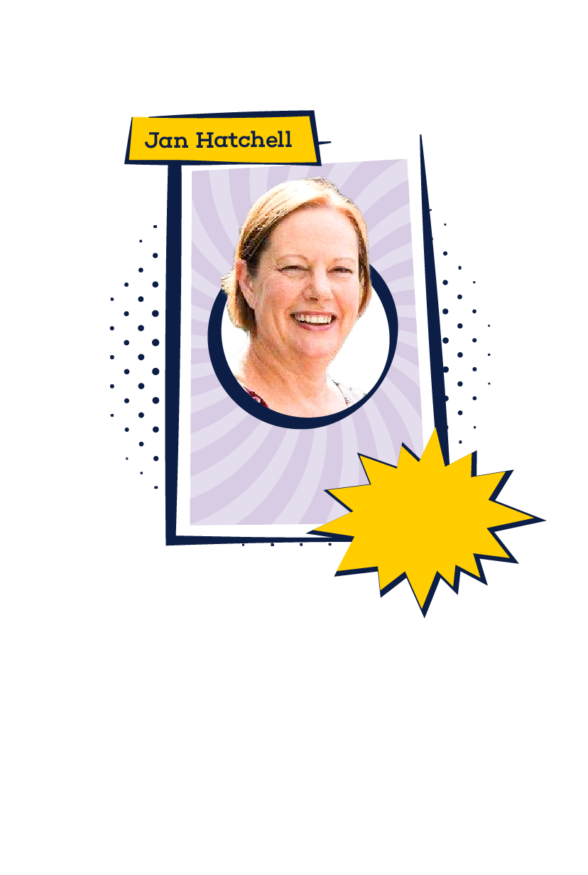 Headshot of Jan Hatchell styled like a superhero trading card, with bold colors and graphic elements.