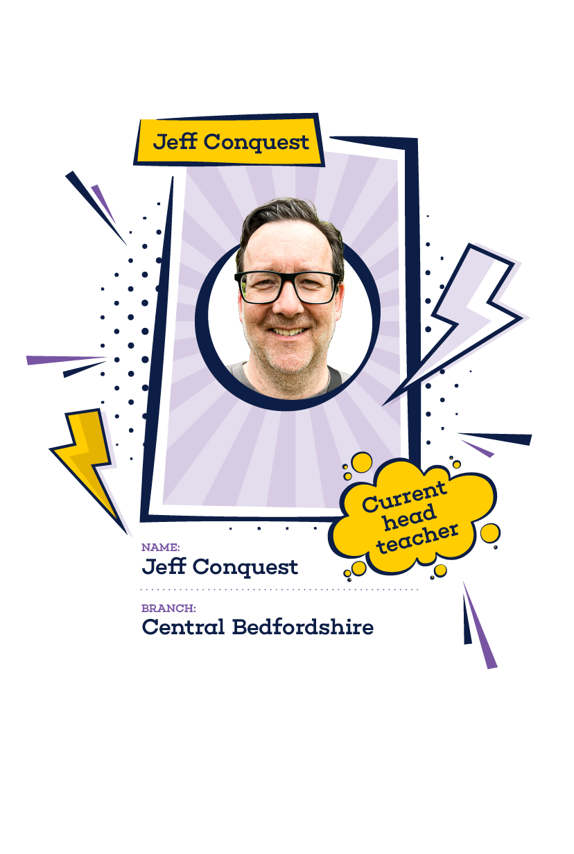 Headshot of Jeff Conquest styled like a superhero trading card, with bold colors and graphic elements.