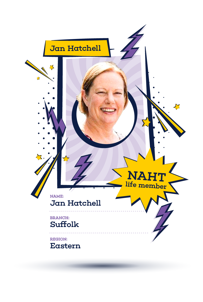 Headshot of Jan Hatchell styled like a superhero trading card, with bold colors and graphic elements.