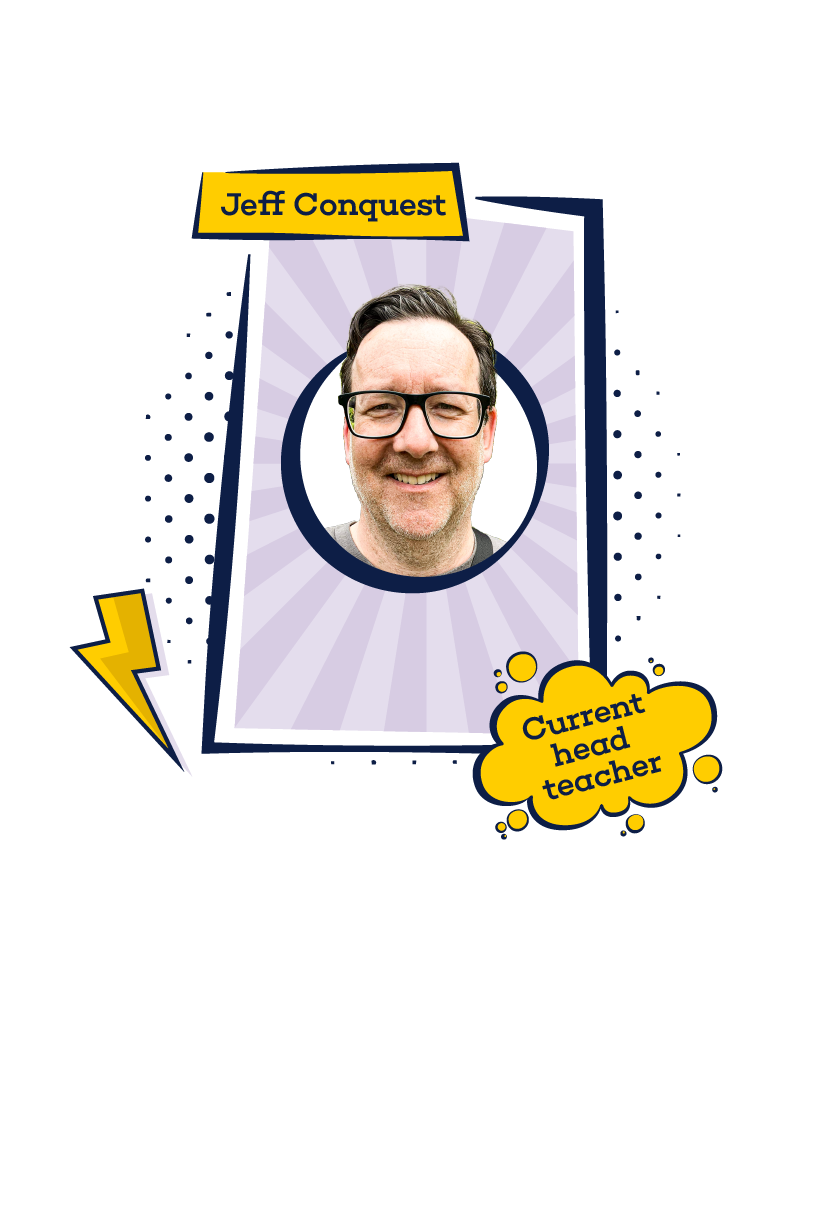 Headshot of Jeff Conquest styled like a superhero trading card, with bold colors and graphic elements.