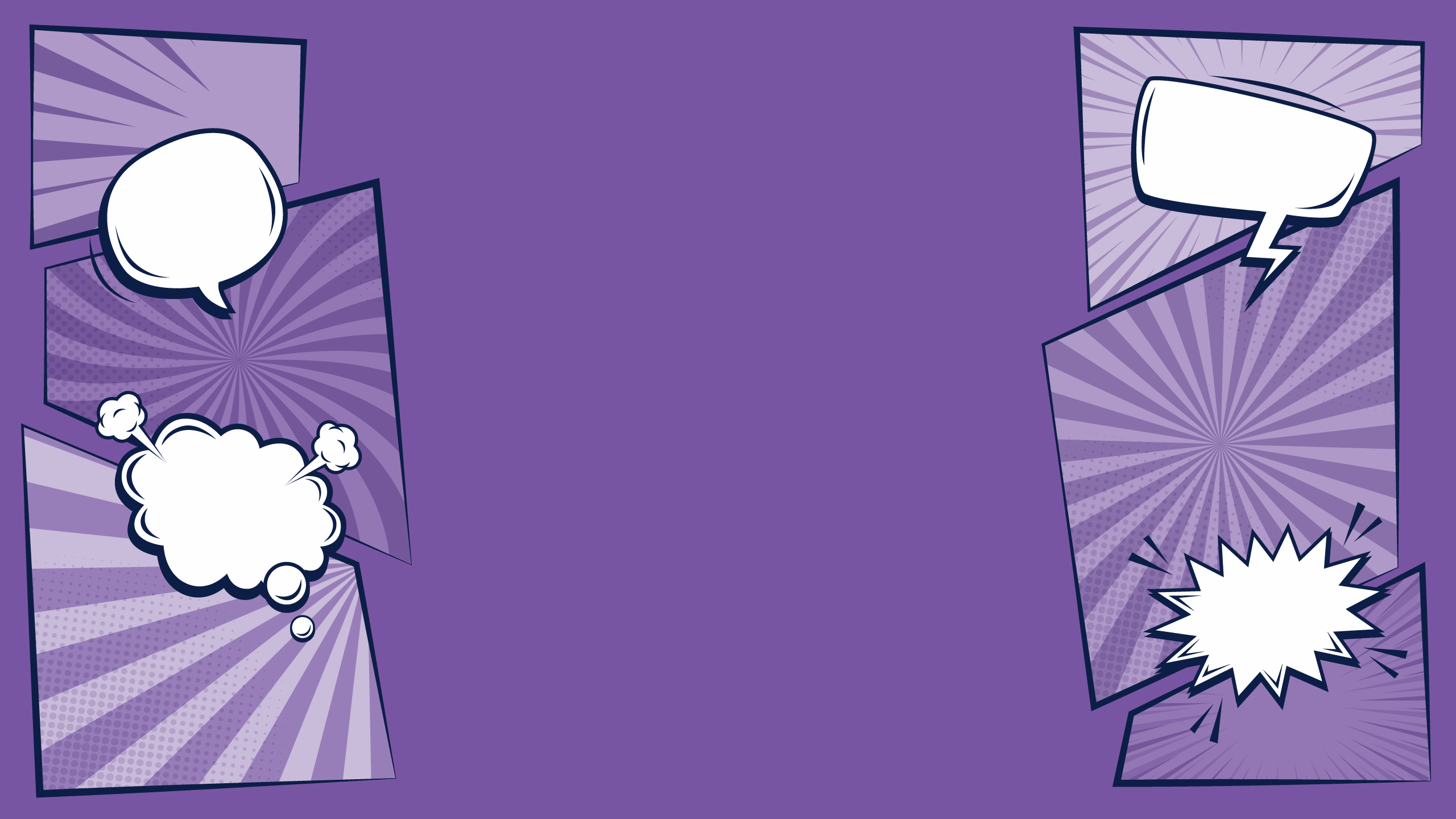 Comic strip-style illustration with speech bubbles and decorative cell panels