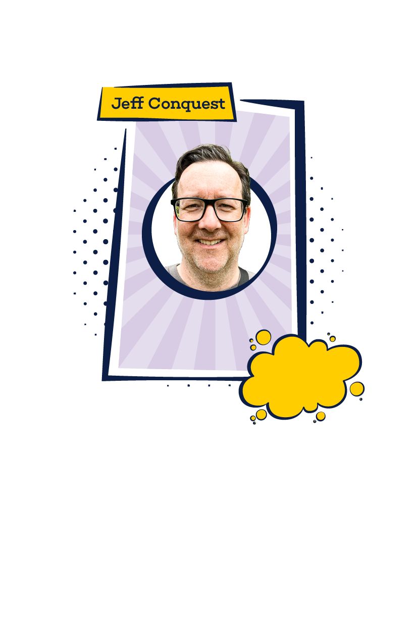 Headshot of Jeff Conquest styled like a superhero trading card, with bold colors and graphic elements.
