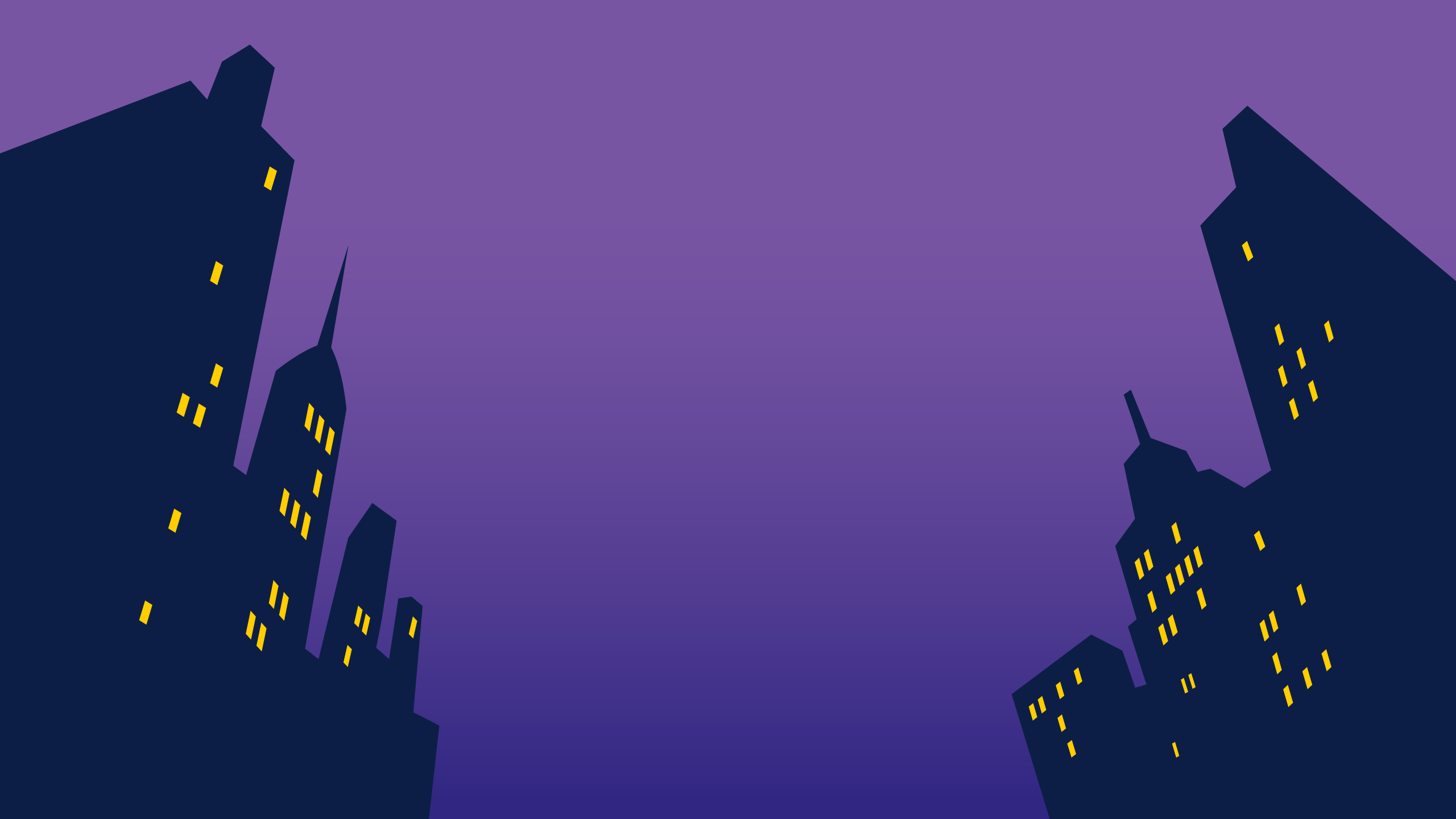 Comic-style illustration of a nighttime cityscape with silhouetted skyscrapers against a dark sky.