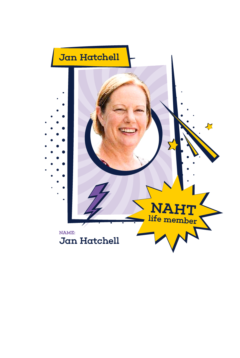 Headshot of Jan Hatchell styled like a superhero trading card, with bold colors and graphic elements.