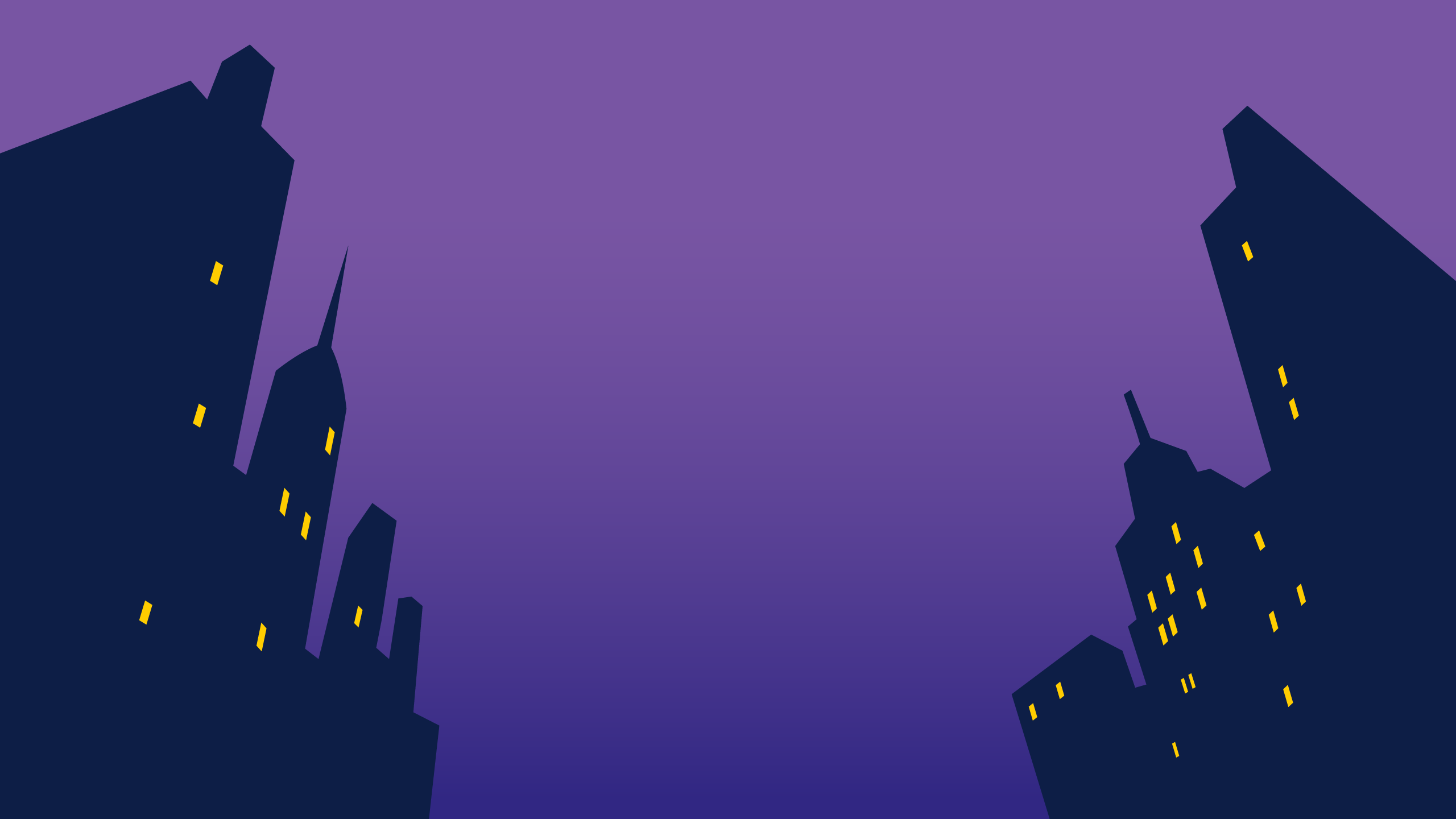 Comic-style illustration of a nighttime cityscape with silhouetted skyscrapers against a dark sky.