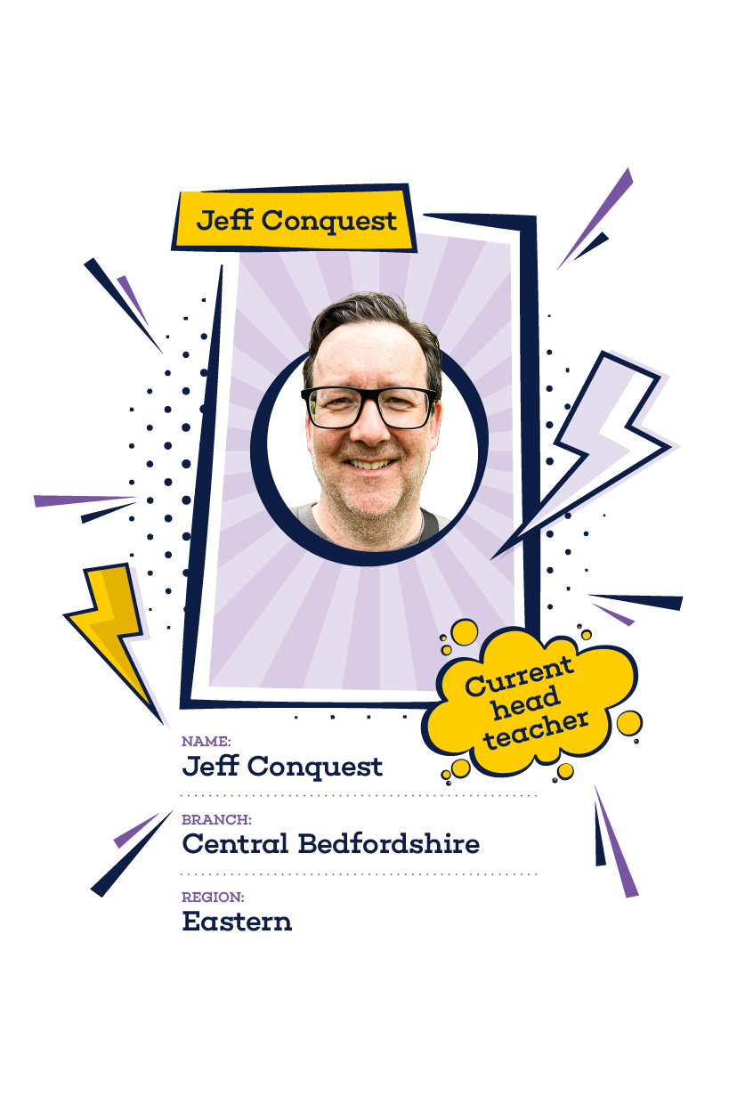 Headshot of Jeff Conquest styled like a superhero trading card, with bold colors and graphic elements.