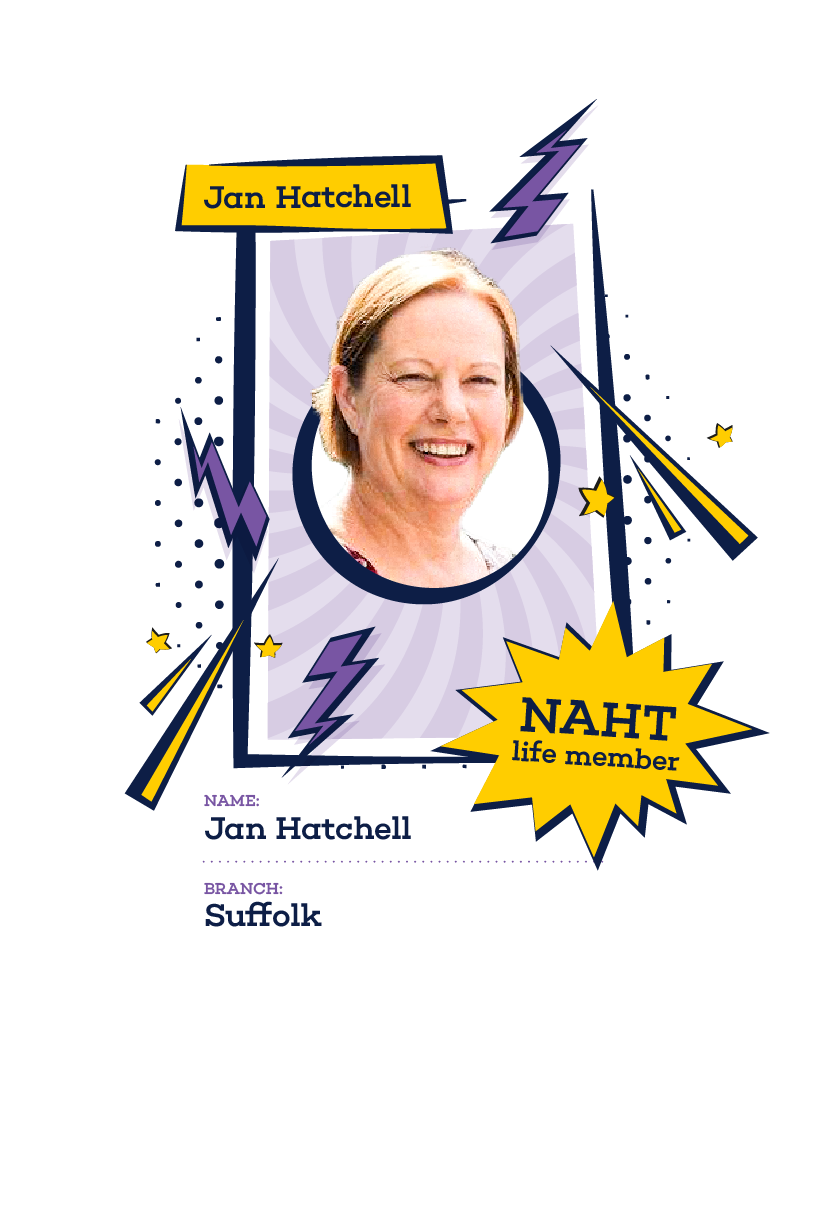 Headshot of Jan Hatchell styled like a superhero trading card, with bold colors and graphic elements.